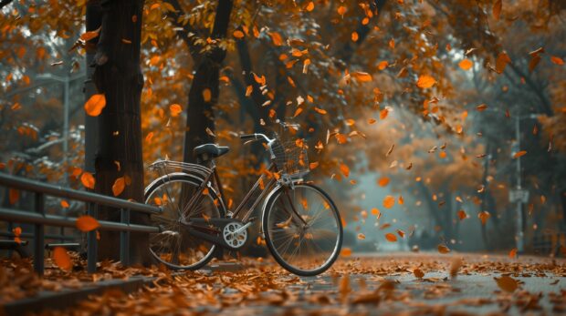 A vintage bicycle leaning against a tree with falling.