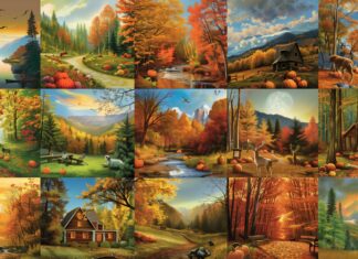 Aesthetic Fall collage featuring a variety of autumn scenes with colorful foliage, pumpkin patches, winding forest paths.