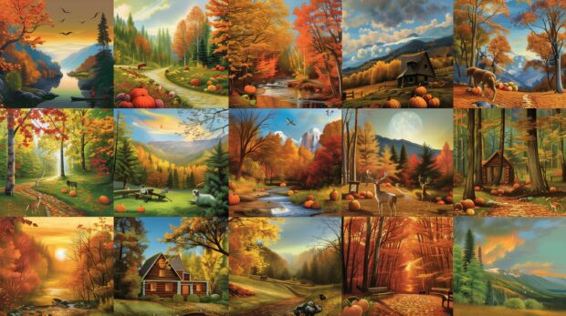 Aesthetic Fall collage featuring a variety of autumn scenes with colorful foliage, pumpkin patches, winding forest paths.