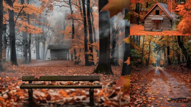 Aesthetic Fall park with a bench covered in fallen leaves, trees with colorful foliage.