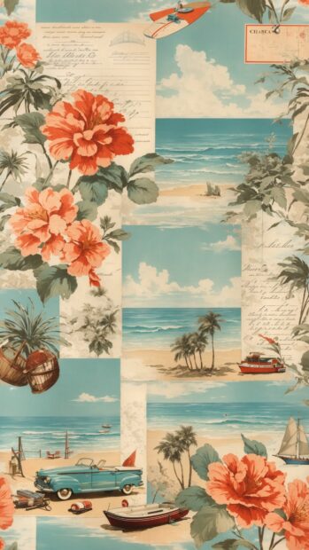 Aesthetic Summer Wallpaper with beach, summer flowers, palm trees, vintage car.
