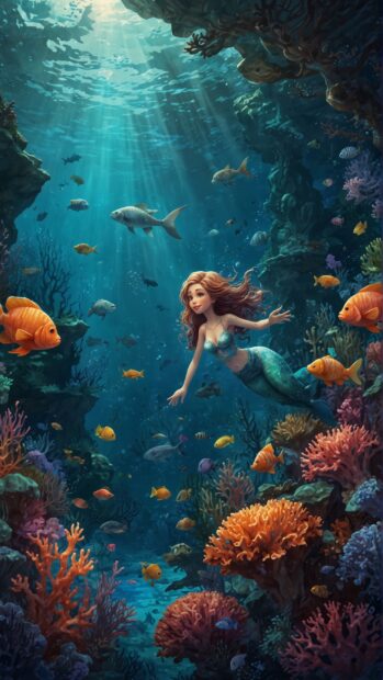 An enchanting underwater scene with adorable mermaids swimming among tropical fish and coral reefs Cute Summer iPhone Wallpapers.