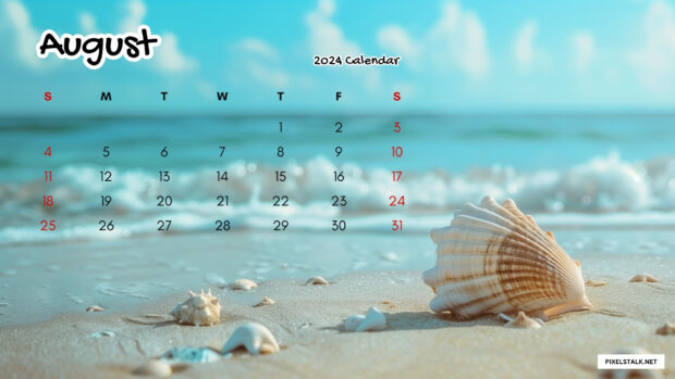 August 2024 Calendar Cool Beach Wallpaper for Desktop.