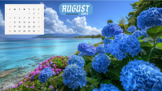 August 2024 Calendar Desktop Flower near the sea Background.