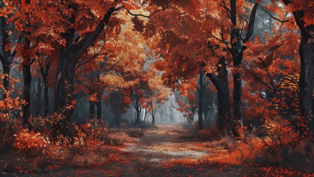Autumn Nature forest with vibrant red, orange, and yellow leaves, PC wallpaper.