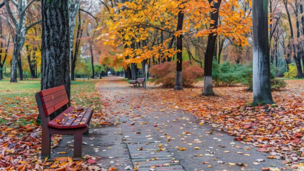 Autumn Nature park with a bench covered in fallen leaves, aesthetic and relaxing desktop background.