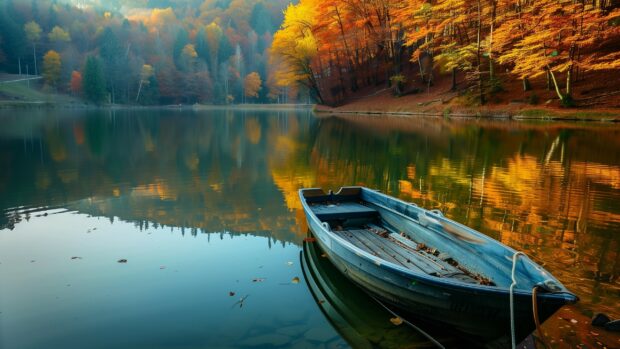 Autumn by the lake, colorful trees reflecting on the water, a small boat tied to a wooden dock.