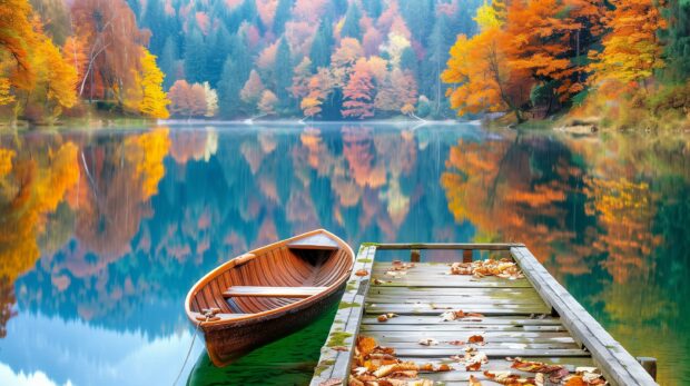 Autumn by the lake, colorful trees reflecting on the water, a small boat tied to a wooden dock, Fall Scenery HD wallpaper for desktop.