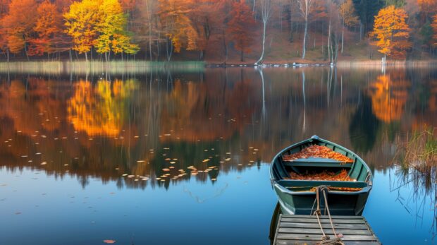 Autumn by the lake, colorful trees reflecting on the water, a small boat tied to a wooden dock, aesthetic desktop background.