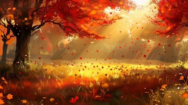 Autumn field with red maple trees, scattered leaves, golden sunlight casting long shadows, rustic and cozy feel.
