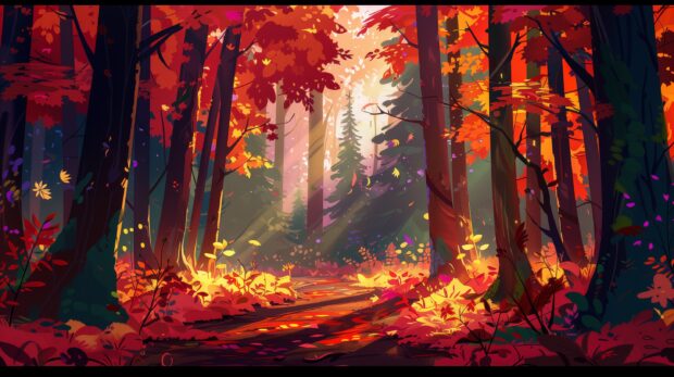 Autumn forest with vibrant orange, and yellow leaves, sunlight filtering through the trees.