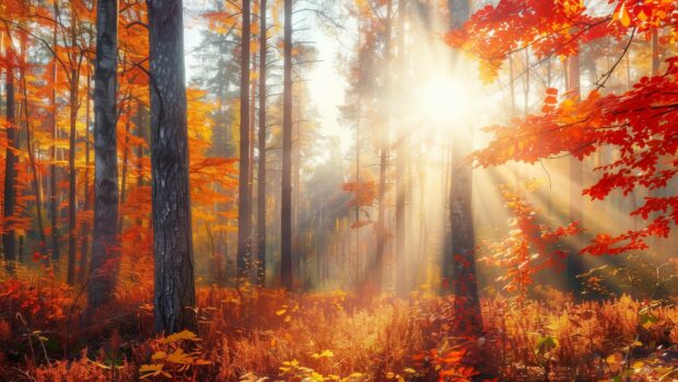 Autumn forest with vibrant red, orange, and yellow leaves, sunlight filtering through the trees, aesthetic desktkop HD wallpaper.