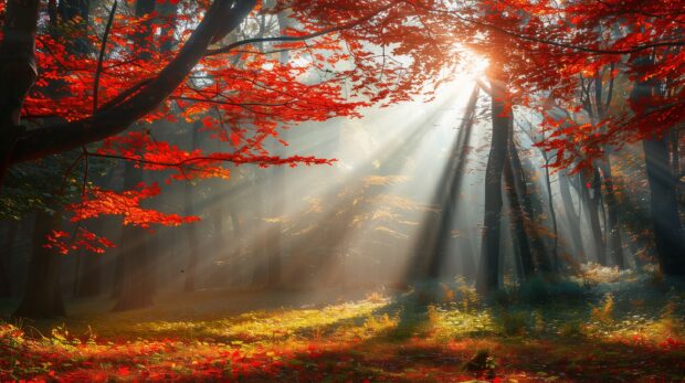 Autumn forest with vibrant red, orange, and yellow leaves, sunlight filtering through the trees, serene and tranquil atmosphere, aesthetic HD wallpaper.