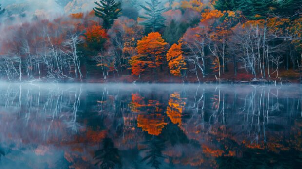 Autumn lake reflecting the colorful foliage of surrounding trees, calm and clear water, aesthetic landscape.