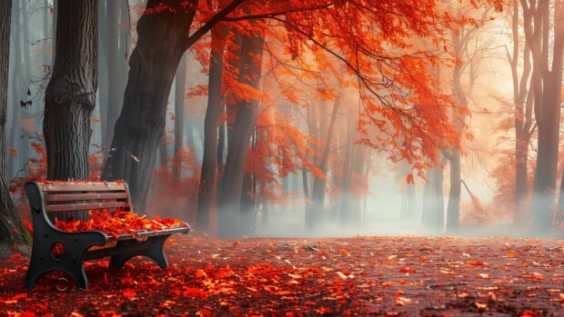 Autumn park with a bench covered in fallen leaves, trees with colorful foliage, aesthetic and relaxing.
