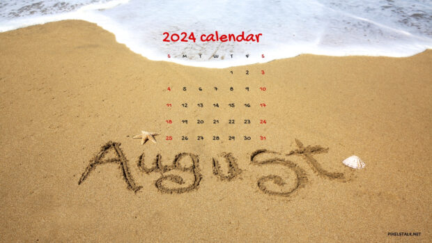 Beach August 2024 Calendar Desktop Background.