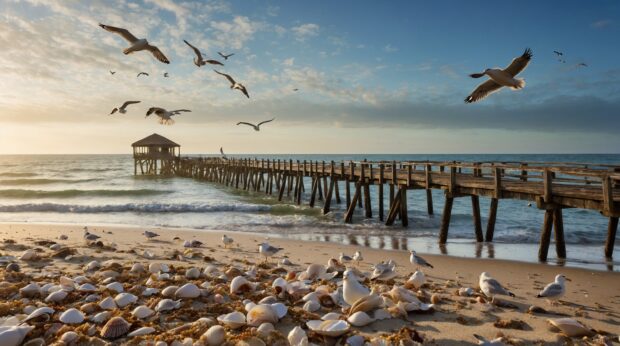 Beach wallpaper with a weathered pier, seashells scattered on the sand, and seagulls circling overhead.