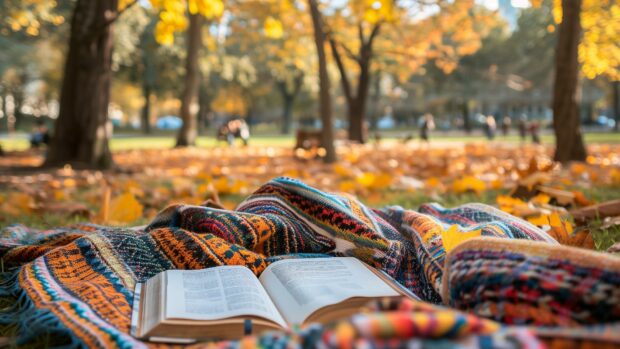 Beautiful fall picture with A cozy blanket and book setup in a fall park.
