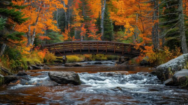 Beautiful fall picture with A bridge over a stream with colorful fall trees.