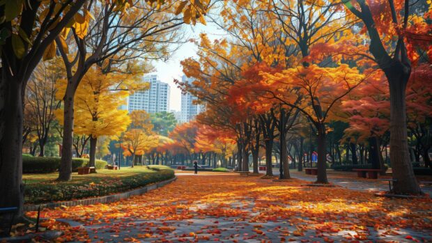 Beautiful fall picture with A city park with trees in vibrant fall.