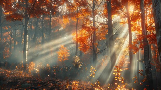 Beautiful fall picture with A misty forest with sunlight filtering through autumn.