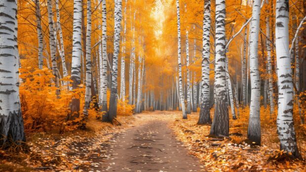 Beautiful fall picture with A path through a birch forest with yellow leaves.