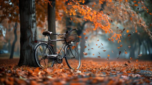 Beautiful fall picture with A vintage bicycle leaning against a tree with falling leaves.