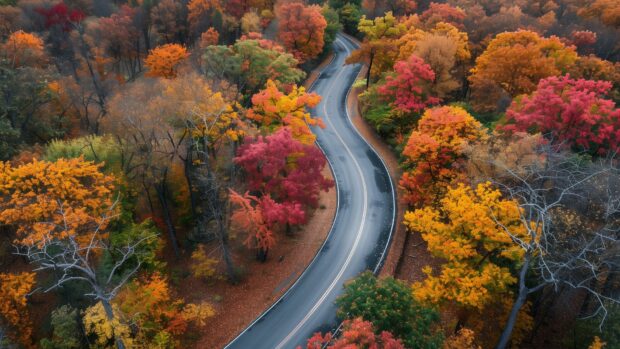 Beautiful fall picture with A winding road through a forest with autumn colors.