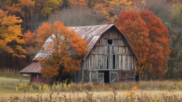 Beautiful fall picture with An old barn surrounded by fall trees.
