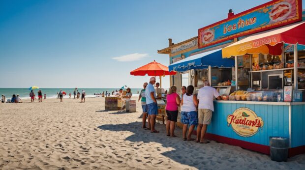 Bustling beach boardwalk with vendors selling ice cream, souvenirs, and freshly grilled seafood.