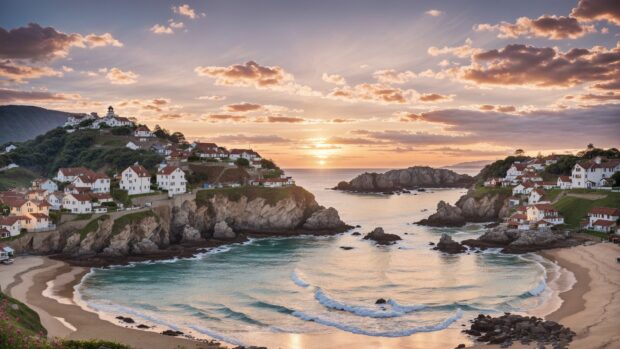 Charming Summer 8K Wallpaper of a quaint coastal village bathed in the soft light of a summer sunset.