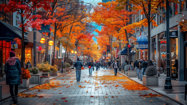 City street in autumn, trees with vibrant fall colors, people walking with scarves and coats, aesthetic photography.