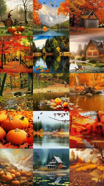 Collage of fall aesthetic backgrounds featuring vibrant autumn leaves, misty forests, cozy cottages, and serene lakes with reflections of fall colors.