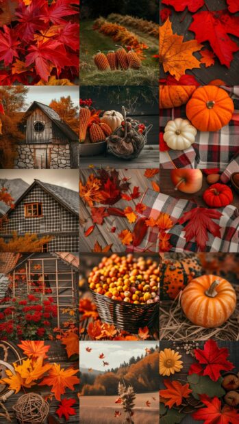 Collage of fall aesthetic iphone wallpaper featuring vibrant red, orange, and yellow leaves, cozy autumn scenes, serene landscapes.
