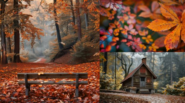 Collage of fall aesthetic photos with Autumn park.