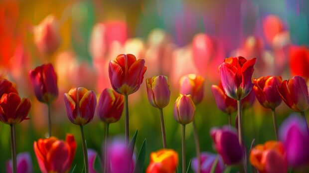 Colorful field of tulips flowers wallpaper for desktop.