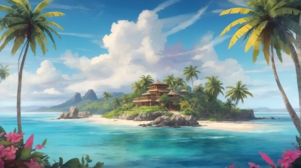 Cool summer desktop HD wallpaper with a digital painting island palm trees.