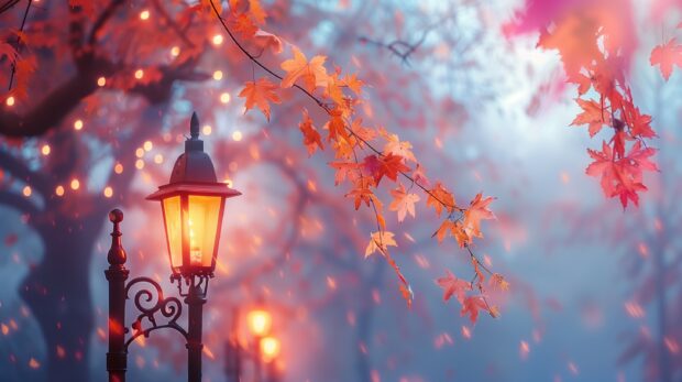Cute Fall Desktop Wallpaper with A foggy evening with street lamps illuminating fall leaves .