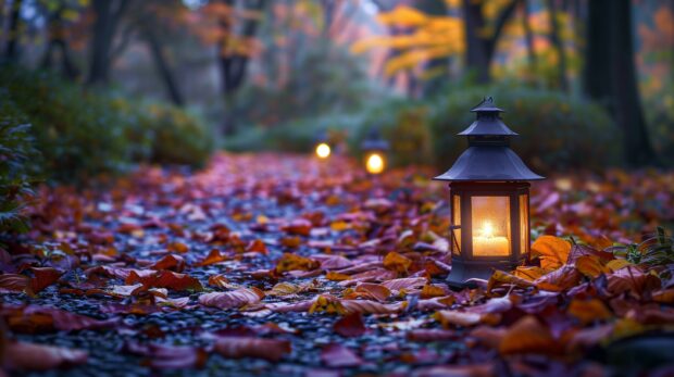 Cute Fall Desktop Wallpaper with A lantern lit path through a fall garden.