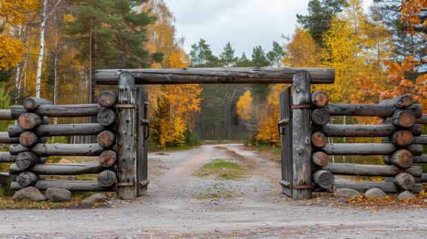 Cute Fall Desktop Wallpaper with A rustic gate leading to a forest with autumn colors.