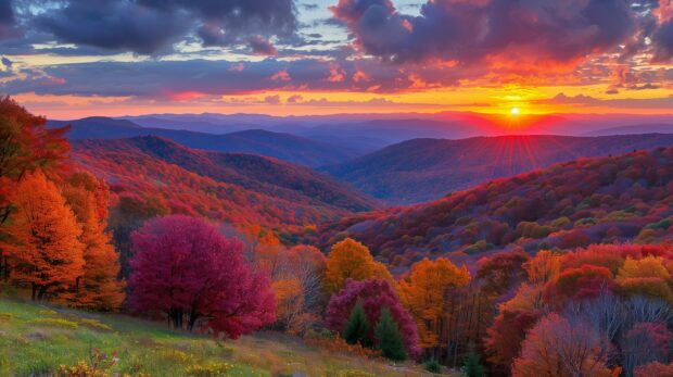 Cute Fall Desktop Wallpaper with Fall sunset over a forest of mixed color trees.