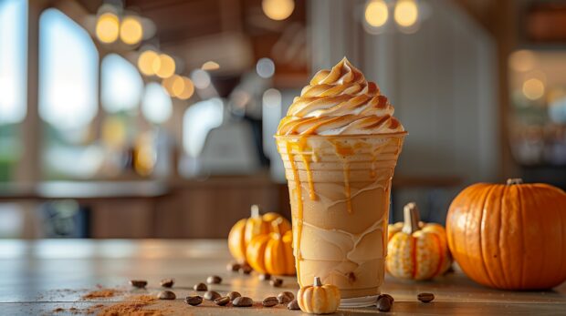 Cute Fall Desktop Wallpaper with a pumpkin spice latte on a table with fall decorations .