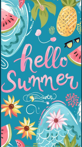Cute Hello summer pattern wallpaper with blue background, in the style of a cartoon with small watermelon and palm tree elements.