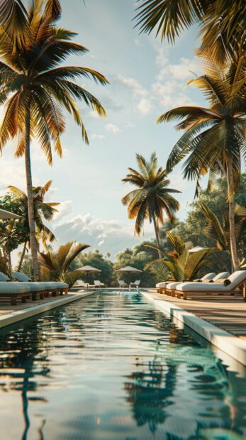 Cute Summer iPhone Wallpaper A tranquil scene of a pool surrounded by lounge chairs and palm trees, inviting you to relax and soak up the sun.