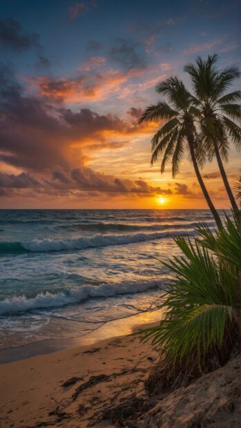 Cute Summer iPhone Wallpapers A breathtaking photograph of a sunset over the ocean with palm trees in the foreground.