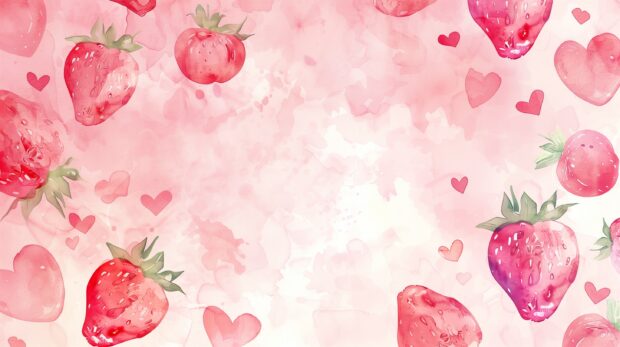 Cute pink pastel watercolor aesthetic cartoon art style wallpaper with strawberries and hearts, simple and clean background.