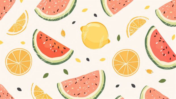 Cute simple cartoon pattern with watermelon, lemon and orange slices on light background, flat design.