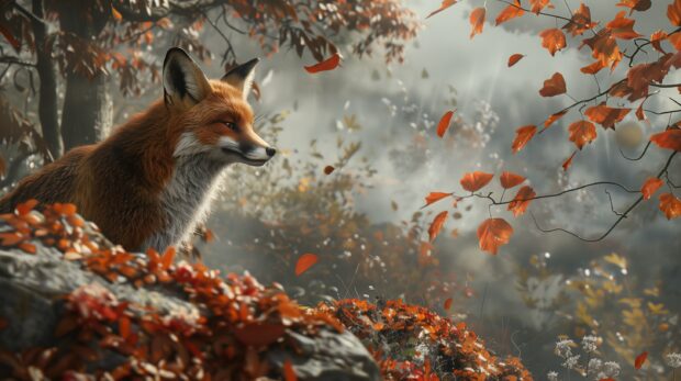 Download Fall Aesthetic for Desktop Wallpaper with a  fox in a forest with a backdrop of autumn leaves.