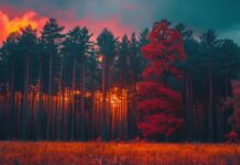 Download Fall scenery wallpaper HD with A fall sunset over a forest of mixed color trees.