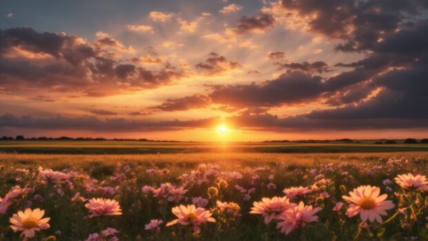 Download Summer wallpaper with a sunset over a vast field flower.